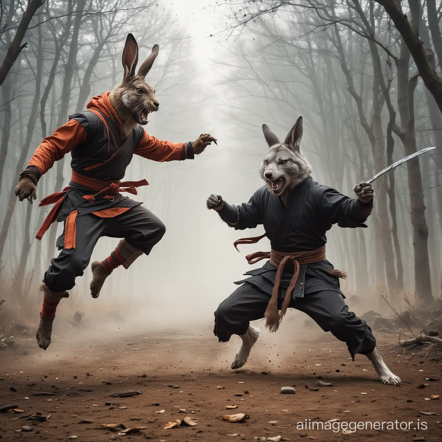 a hare in a ninja costume jumps screaming at a wolf