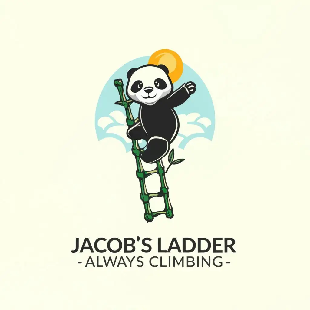 a logo design,with the text "Jacob's Ladder always climbing higher", main symbol:A baby Panda climbing a green baboo ladder to the sky  ,complex,clear background