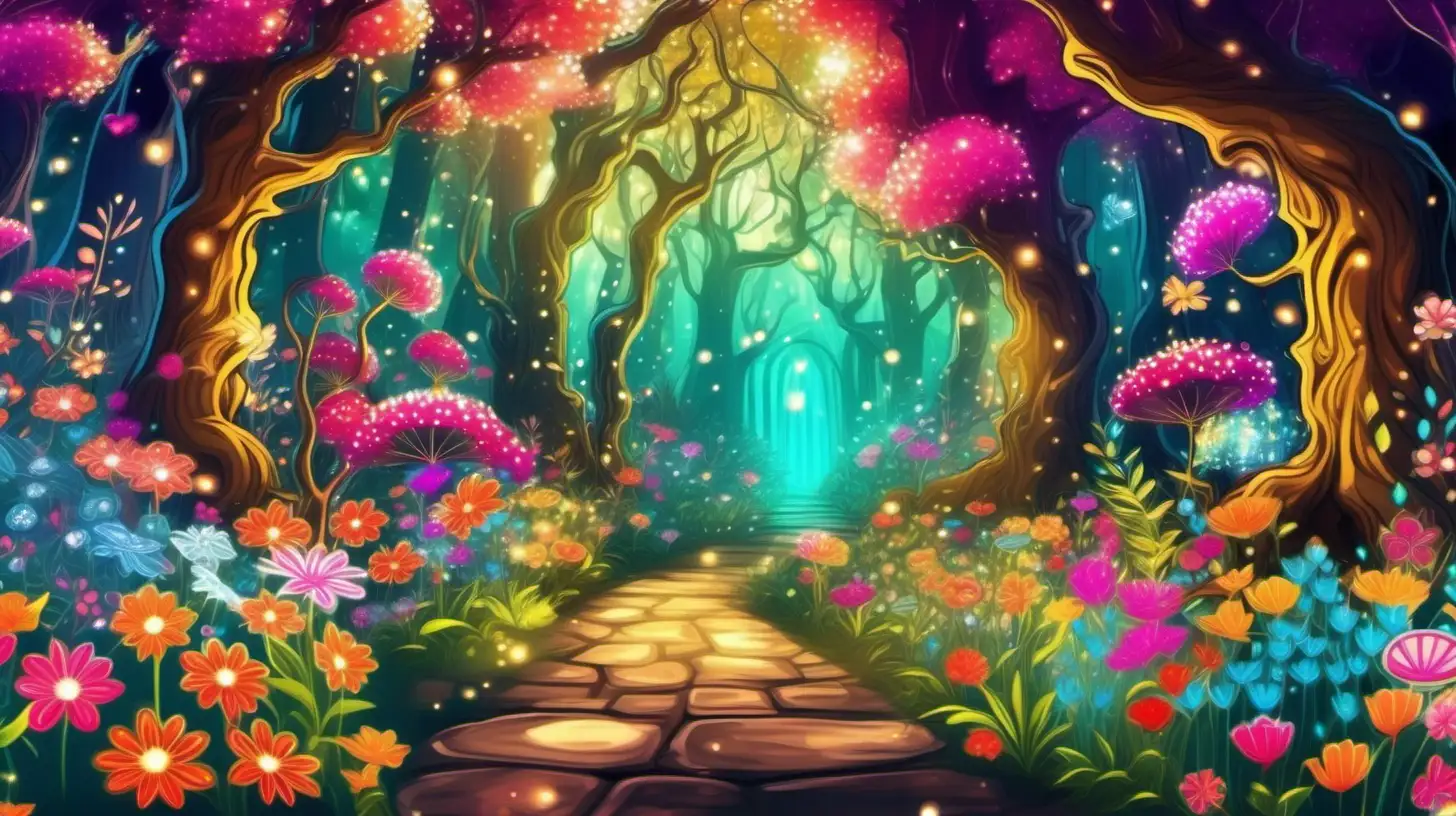 in cartoon style, a magical garden filled with extraordinary flowers that sparkle with glittery colors in an ancient magical enchanted forest, giant trees, beautiful flowers, with lots of vibrant color, a dynamic scene