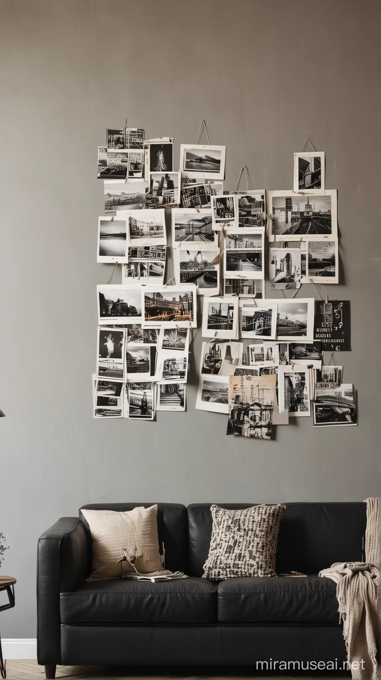 Elegant Living Room with Black Sofa and WallMounted Postcards