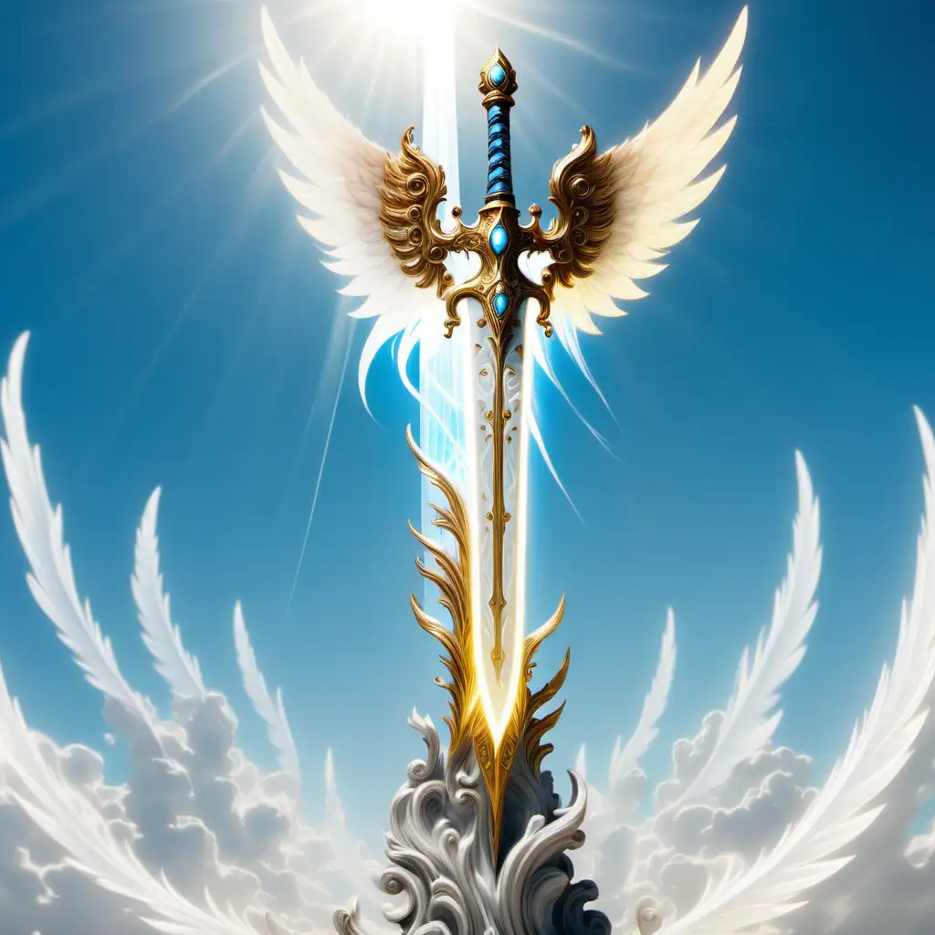 A luminous, glowing alabaster sword with golden streaks and silver accents streaking through wind wisps with its winged guard and a bright blue sky background