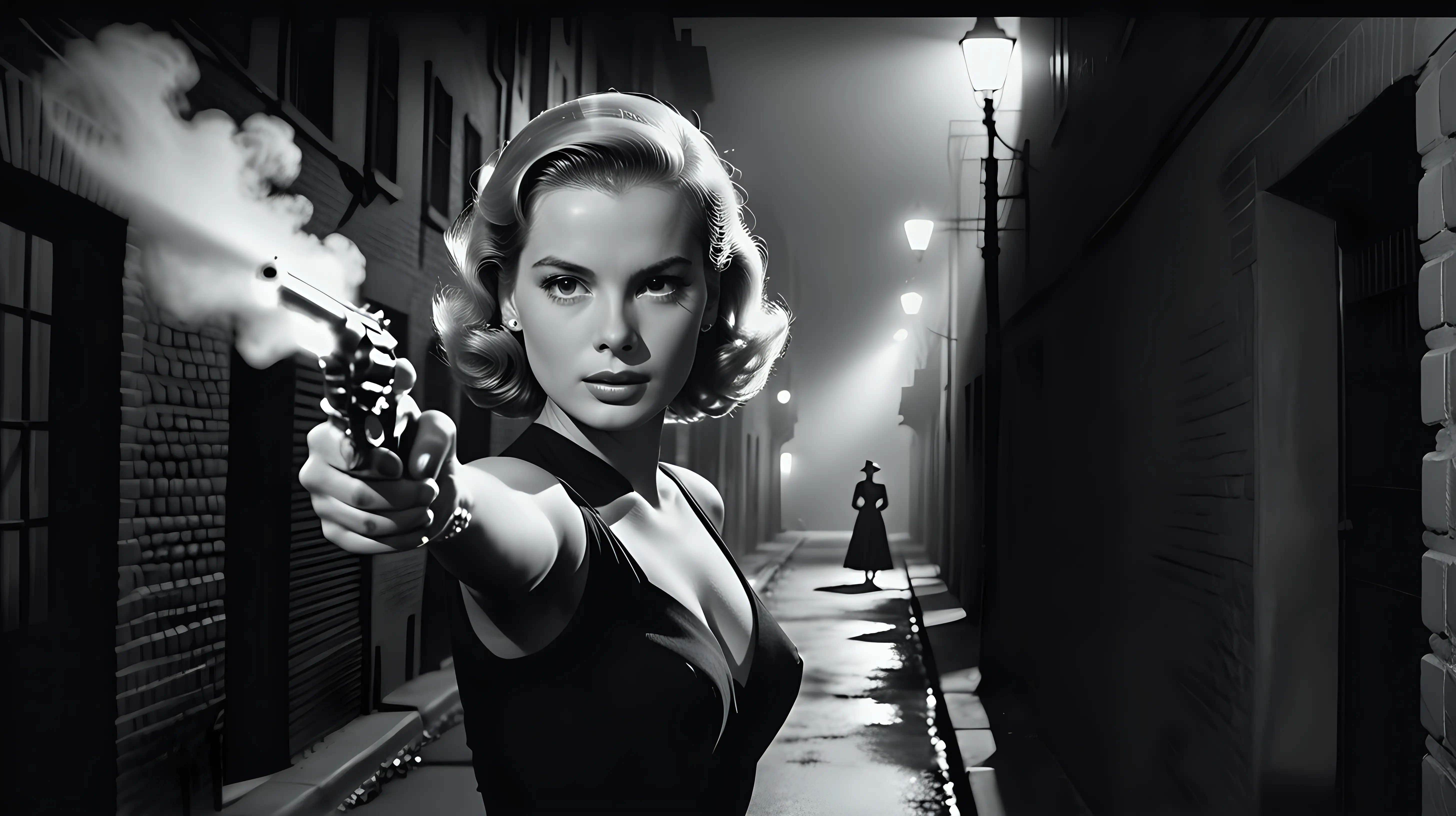 1940s Film Noir Femme Fatale In Dark Alley With Gun | MUSE AI