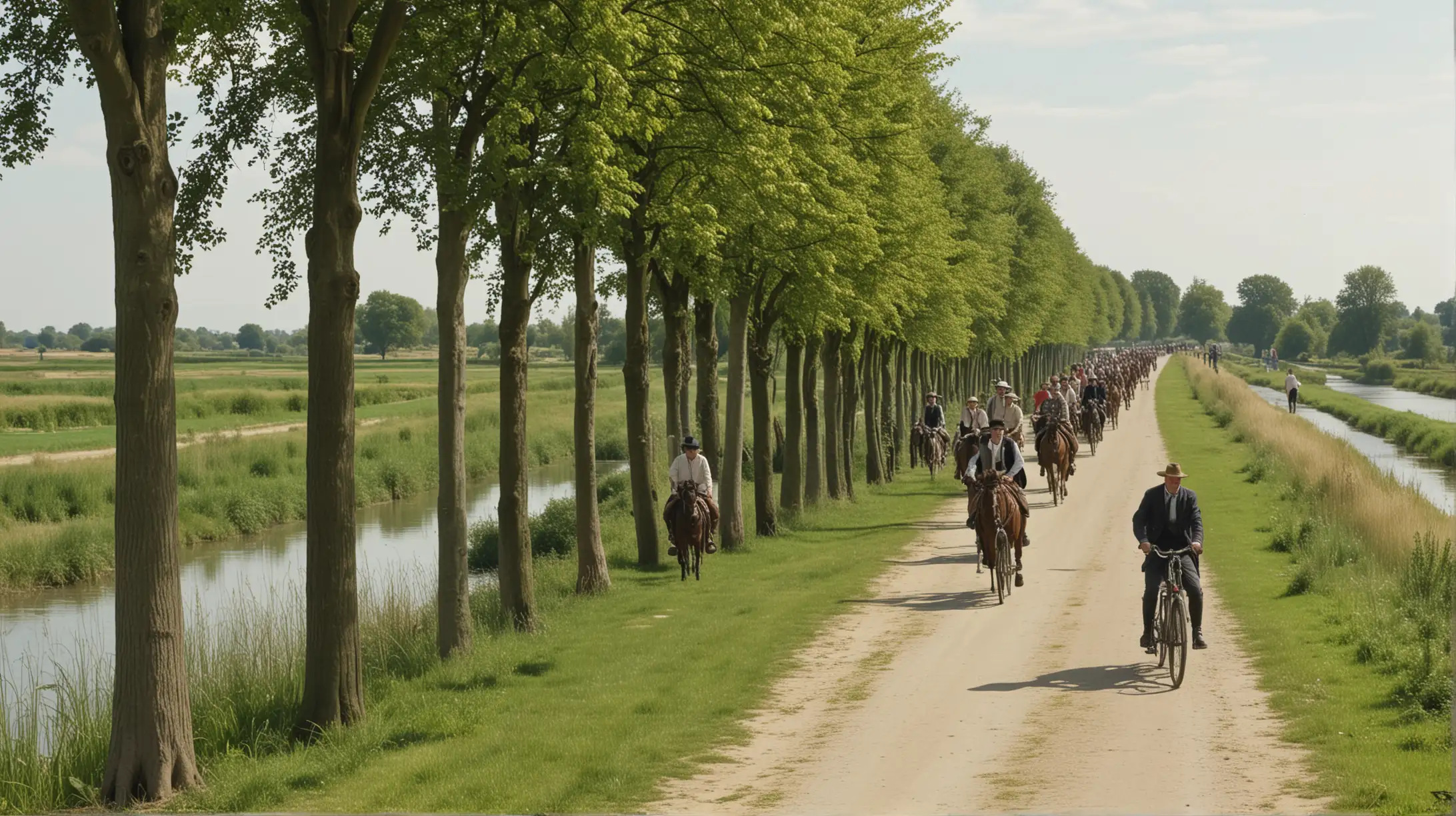 year 1914, a lang colonne of people,  walking,  cycling and riding horses, alongside a large canal sided with a row of trees, in a rural landscape, high angle, teleshot