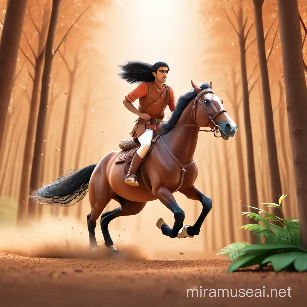 Create a 3D illustrator of an animated scene of horse rider  running in  Indian  forest 