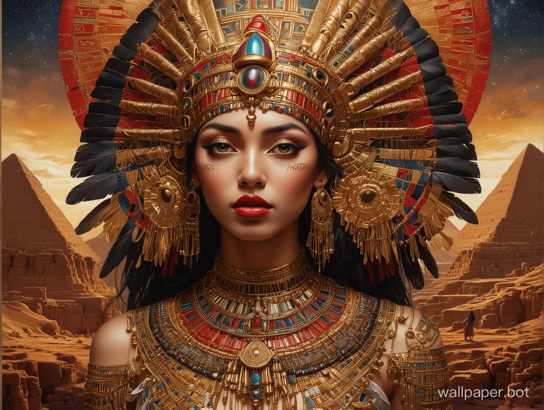 An exquisite conceptual art piece featuring a stunningly beautiful Cleopatra. She is adorned with elaborate headdresses and jewellery, with her skin adorned in gold and shimmering patterns. Her eyes are framed by dark liner, and she wears a vibrant red lip. The background is an abstract, dreamy landscape with a mix of celestial elements and ancient Egyptian symbols, giving the piece a mystical and otherworldly feel., conceptual art
