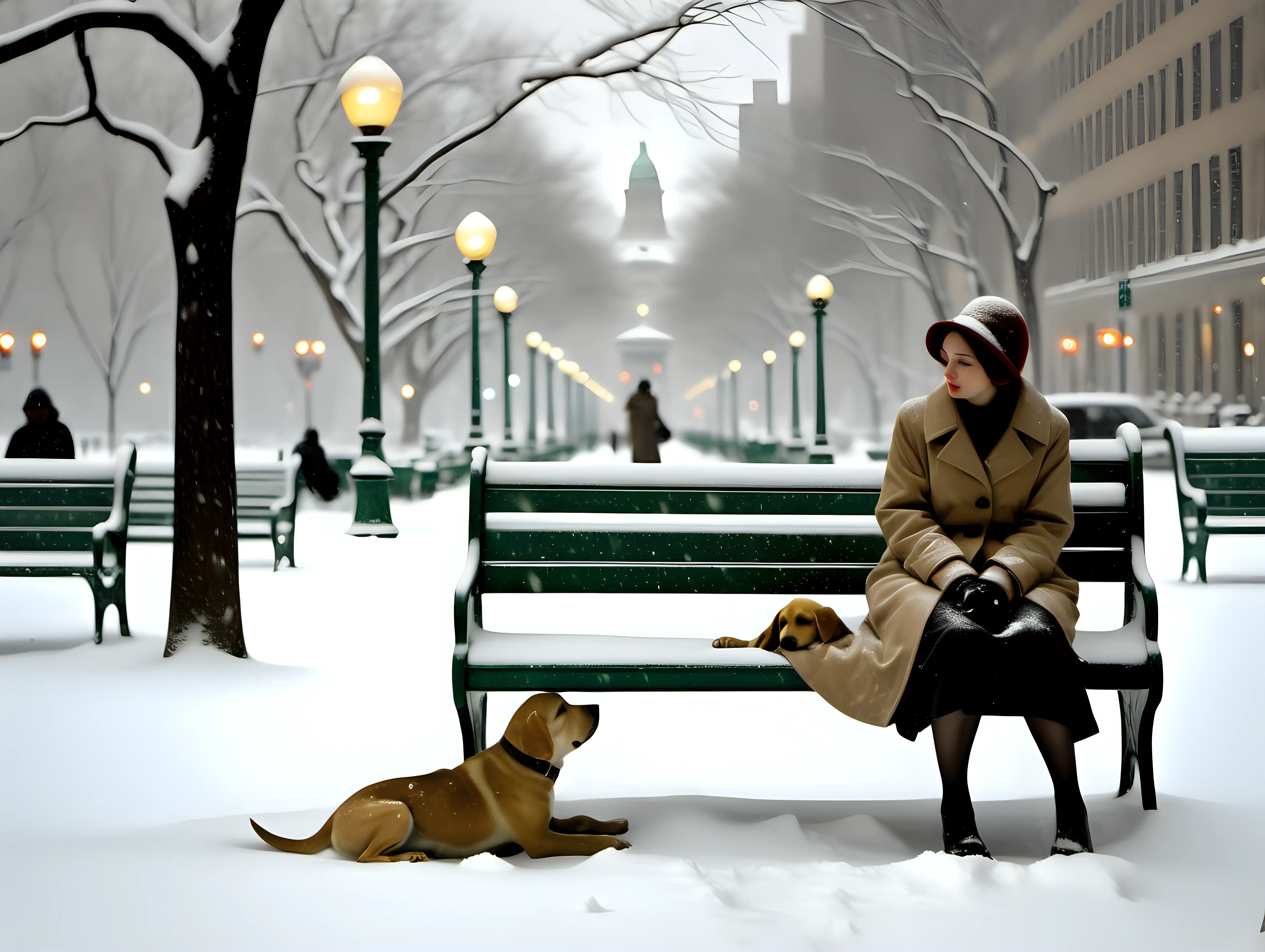 Lonely Woman with Puppy in Snow Storm at NYC Library Edward Hopper Style