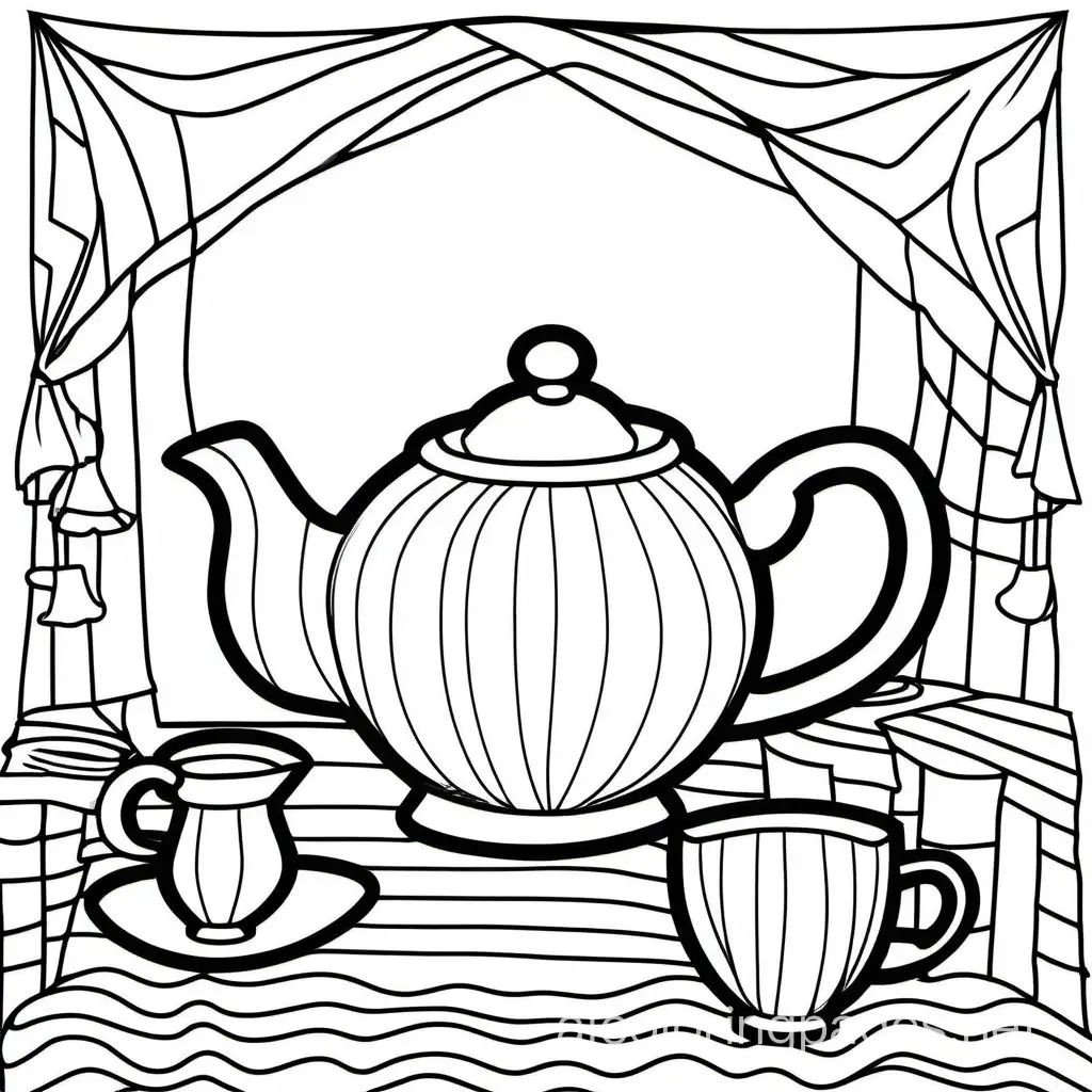 Still life with teapot, Coloring Page, black and white, line art, white background, Simplicity, Ample White Space. The background of the coloring page is plain white to make it easy for young children to color within the lines. The outlines of all the subjects are easy to distinguish, making it simple for kids to color without too much difficulty