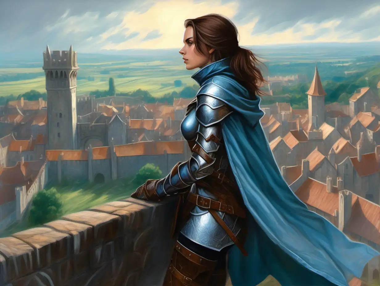 pretty young woman rogue, leather armor, short light blue cape, looking into the distance from the city walls, open fields, Medieval fantasy painting, MtG art