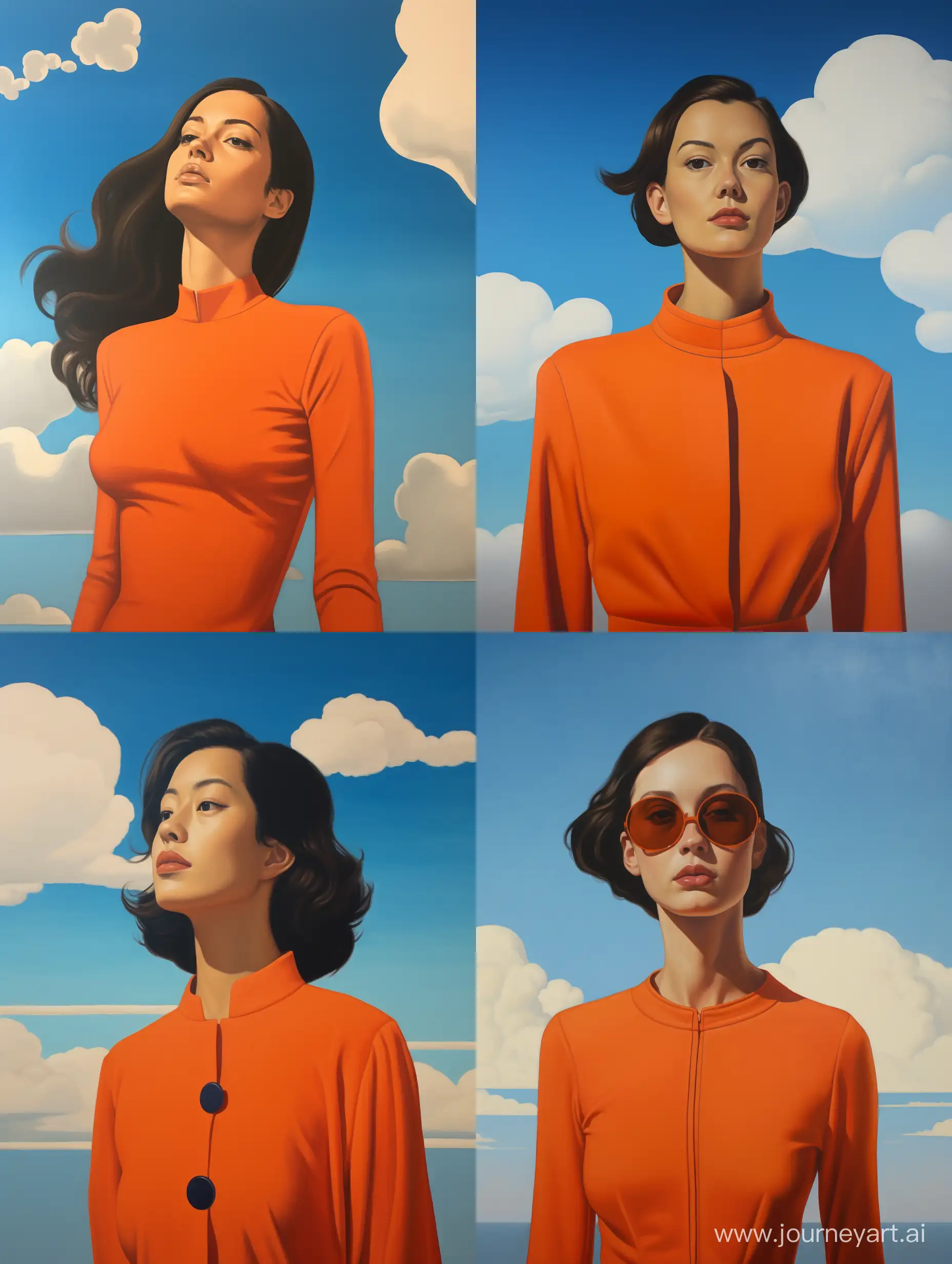 Minimalist painting of a young woman in front in an orange suit, behind her is a background of sky and clouds in blue and orange