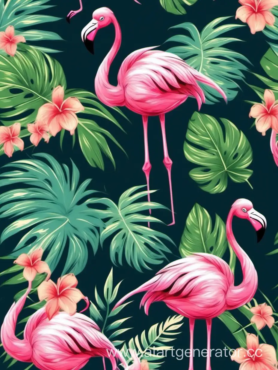 smalls flamingos in tropical with leaves and flowers seamless pattern in hawaiian style