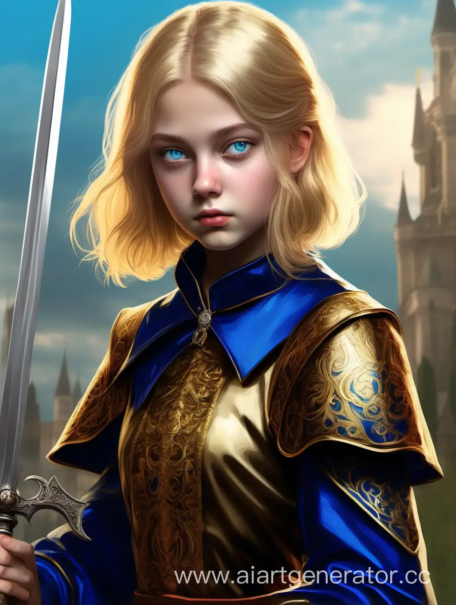 Юная принцесса девочка лет 14, золотистые волосы стриженые под каре, ярко синие глаза, охотничий костюм аристократа и шпага в руке, скверный и несговорчивый характер характер. 