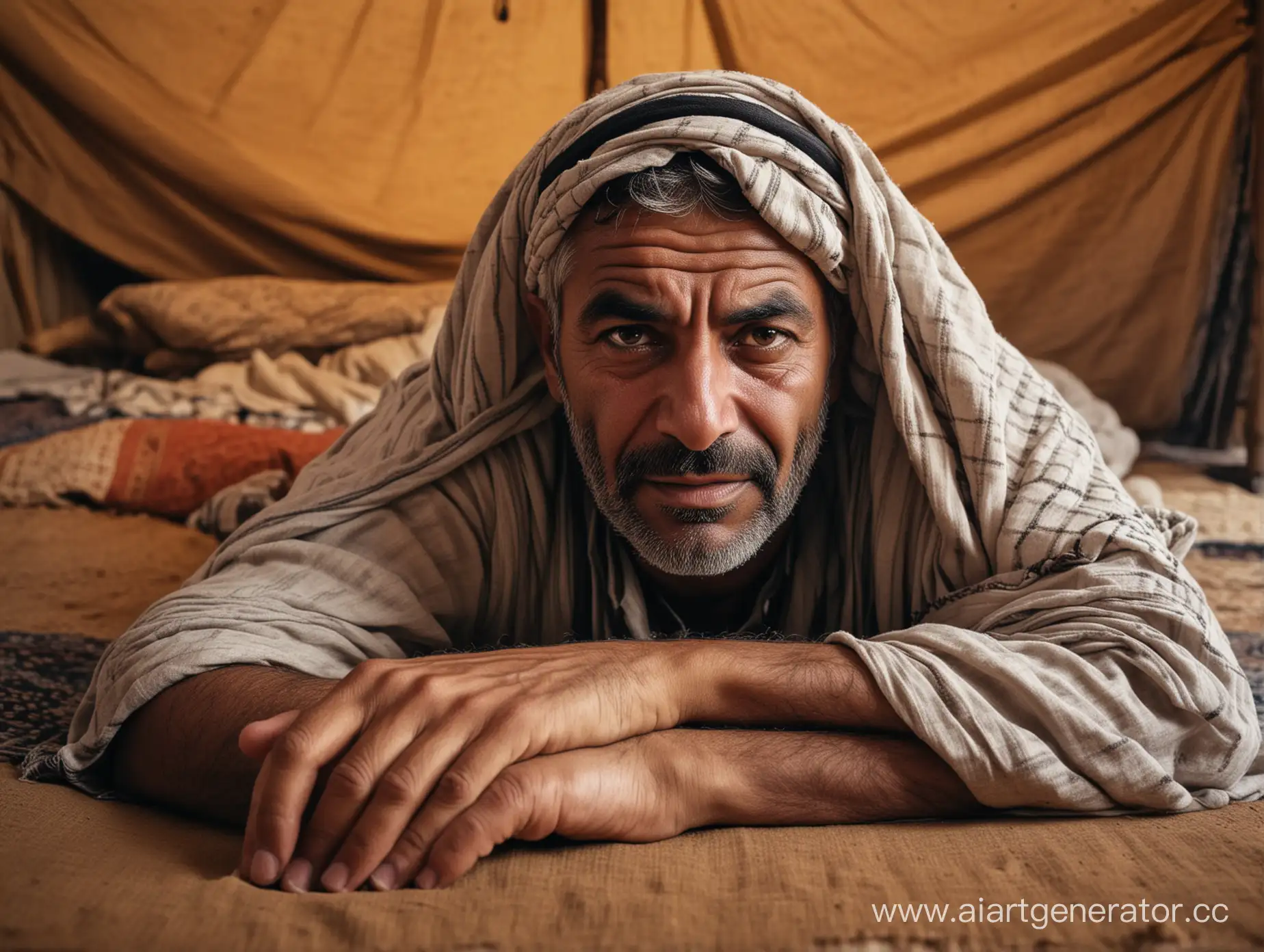   EVIL,50 YEAR OLD, LARGE, LEERING, GRIZZLED ARAB MAN, LAYING IN A BEDOUIN TENT WIDE