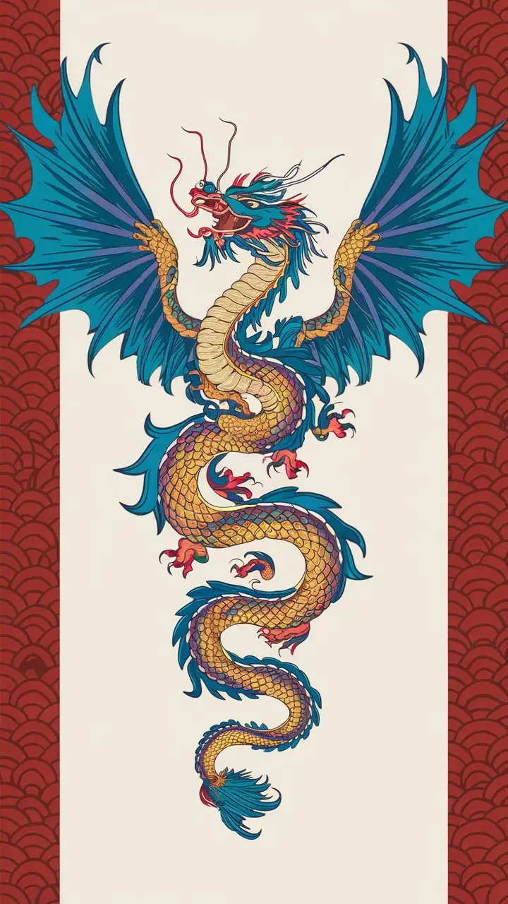 a chinese dragon on white background. can you make it vertical. can you fit the whole dragon into the page. the wings should be in the page without bleed. make it colourful






