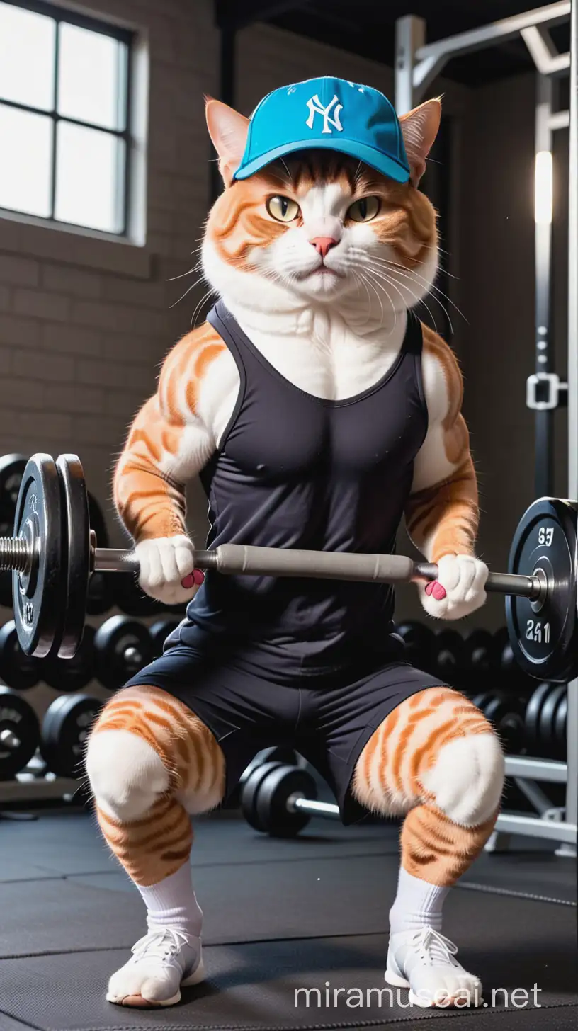 muscular cat in gym clothes and a baseball cap lifting weights
