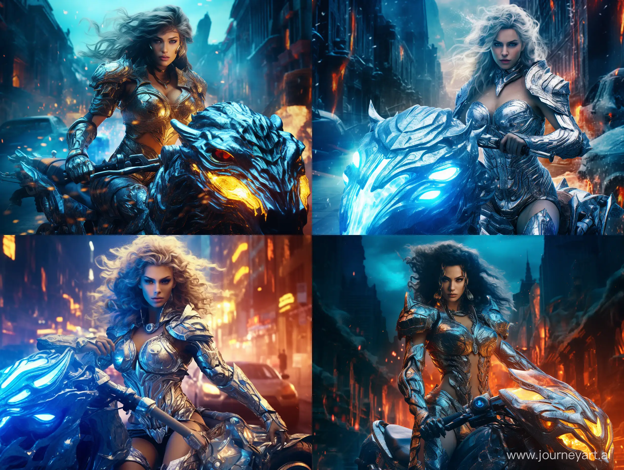 Very detailed and realistic photo in a night city with blue neon lights with a storm of flames and bright fire with lightning with a very muscular woman in armor and a helmet, all in ivory, jewels and very shiny gold on hydrogen powered motorcycle