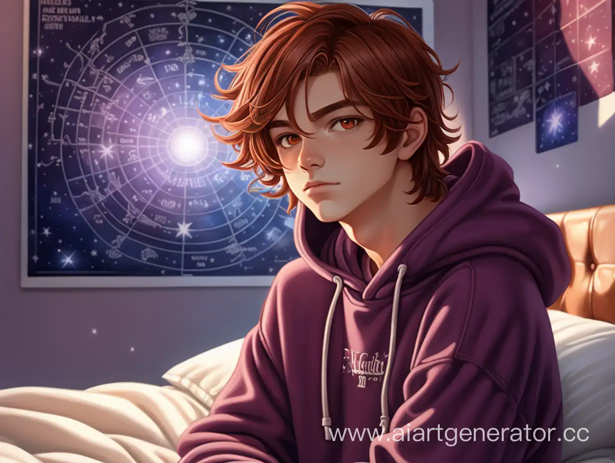 Teenage american boy 18 years old with dark red copper lush trumbled hair medium length and light brown eyes have a narrow chin in a plum hoody sitting on a bed, bedroom with posters and star chart, sunny morning