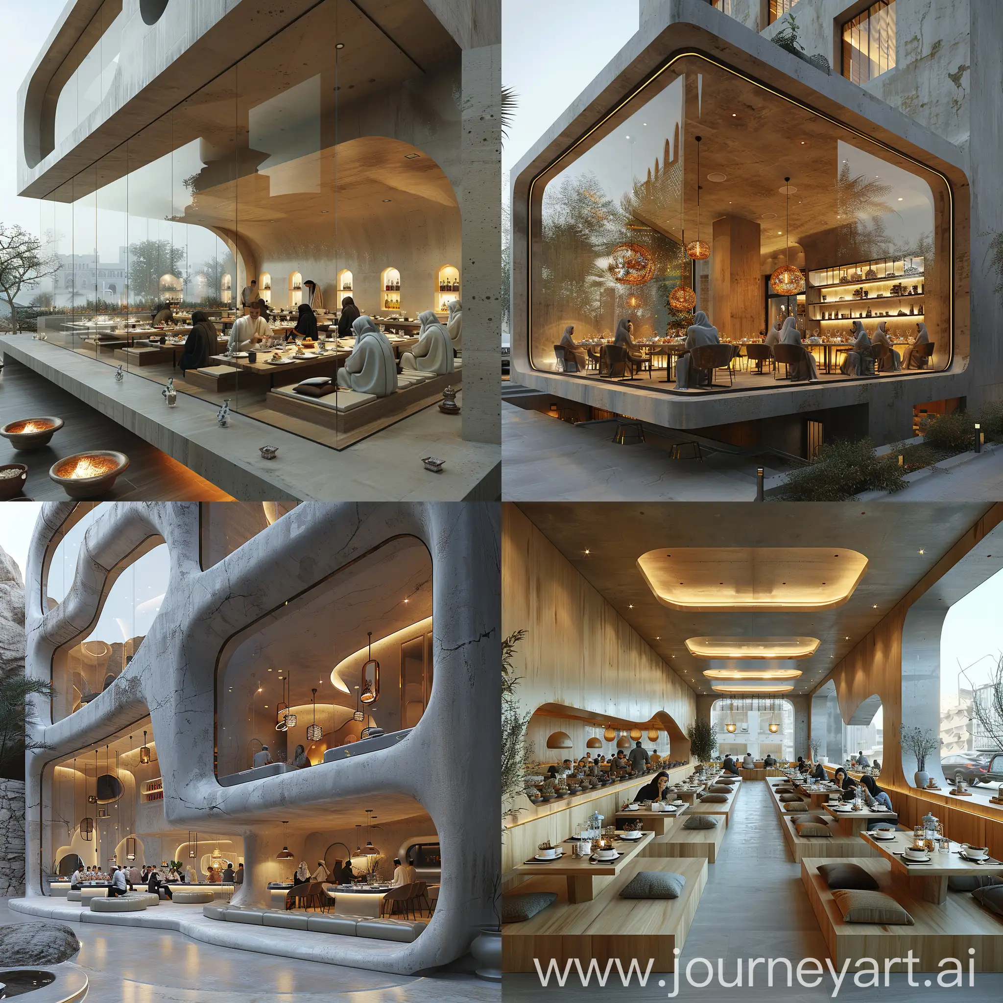 hyper realistic minimal modern interior design for a cantilever restaurant with people eating in Hijazi Arabian style --s 750