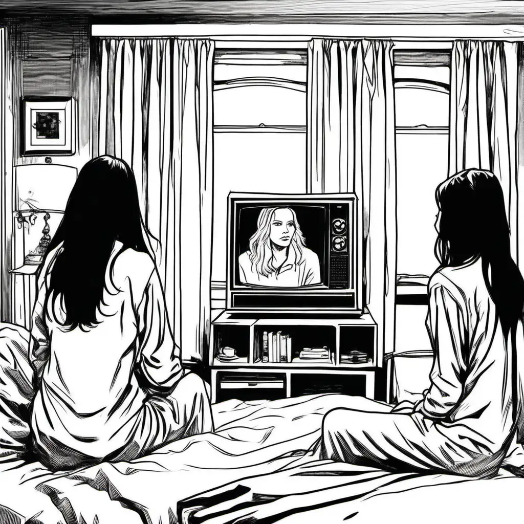 simple black and white drawing of  two young women watching television in bedroom all dressed in white, from 'the ring' movie