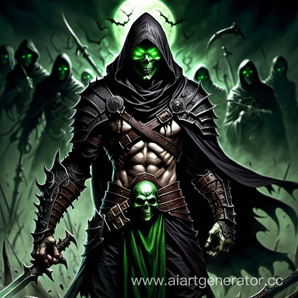 necromancer man, warrior, in medium armor, face hidden by a hood, green eyes, warrior of darkness, scimitar in hand, undead nearby