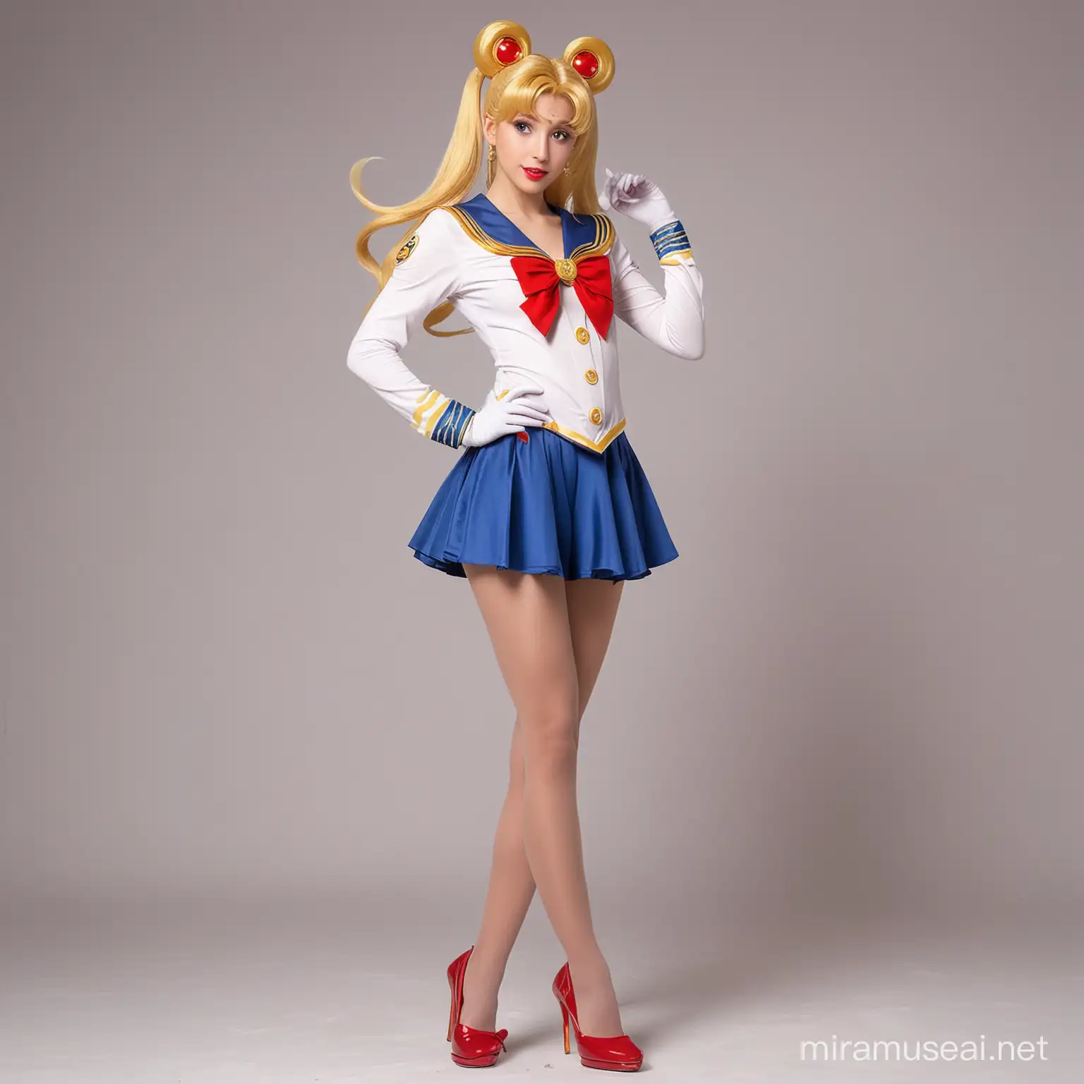 real sailor moon girl full body image,  posing in pantyhose and high heels