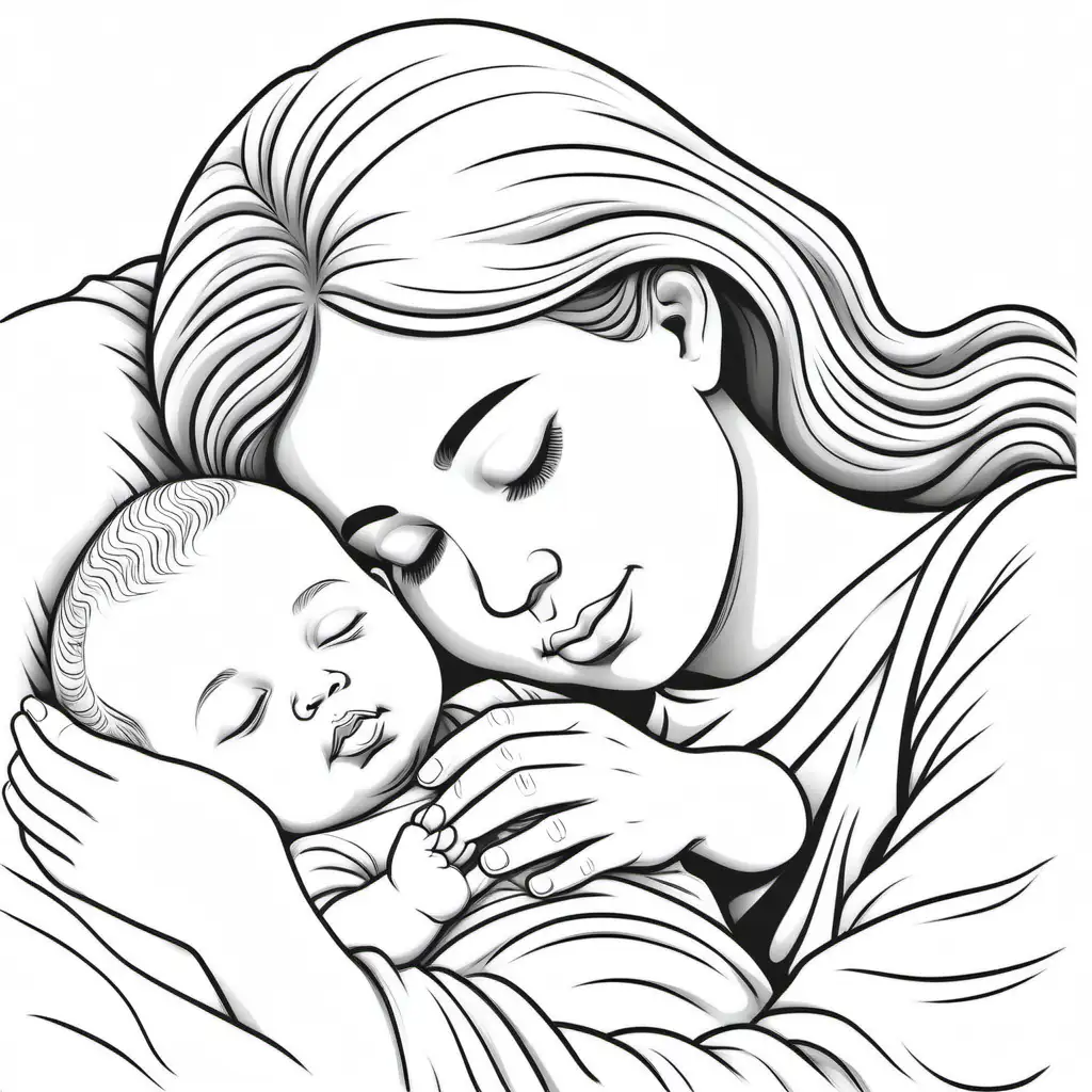 coloring book for kids, simple, outline no color, sleeping baby in moms arms, fill frame, edge to edge, clipart white background --ar 3:2 --style raw