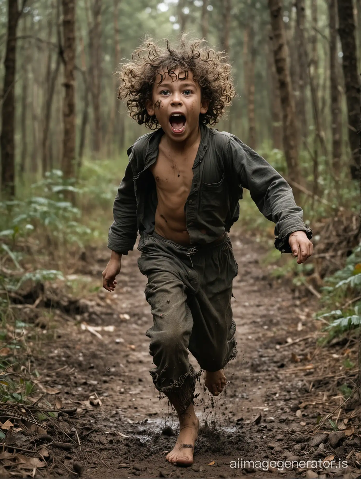 a kid, a wild child who screams while running very fast, living in the forest, the face very dirty, clothes torn, hair very long, black, curly, and dirty, in 1920, barefoot, he is frightening and threatening, very wild