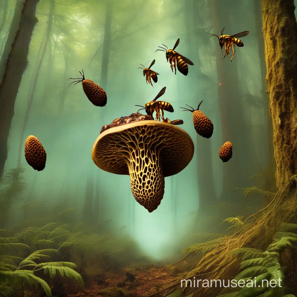 Giant Morel Mushroom with Swarm of Hornets Surreal Fantasy Illustration
