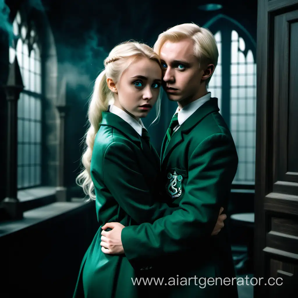 A young beautiful attractive girl with blonde hair, blue eyes, scared, in the form of Slytherin, hugs her from behind and covers her mouth, steals her, brings her to the Hogwarts office,
young, handsome Draco Malfoy, full-length