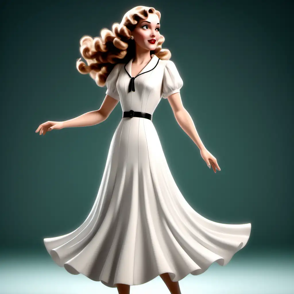 animated woman with long hair in 1930's style white dress



