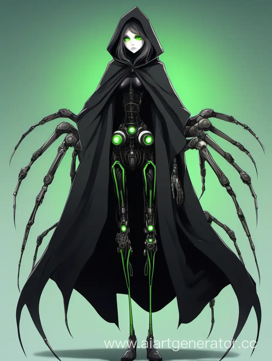 A tall, girl wearing a black cloak with bright green eyes, mechanical spider legs attached to her hips, slightly hidden by the cloak. Full height, adopt.