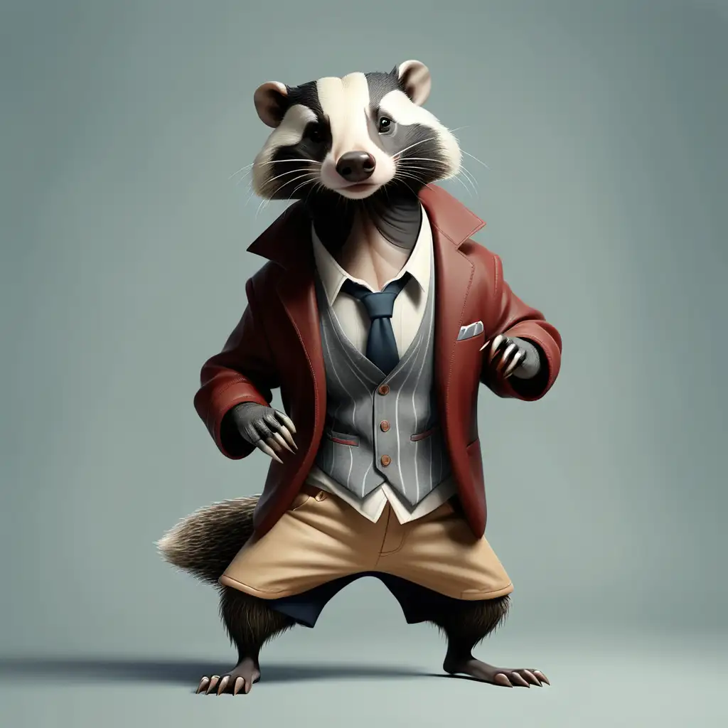 A badger walks on hind Legs and wears stylish clothes.