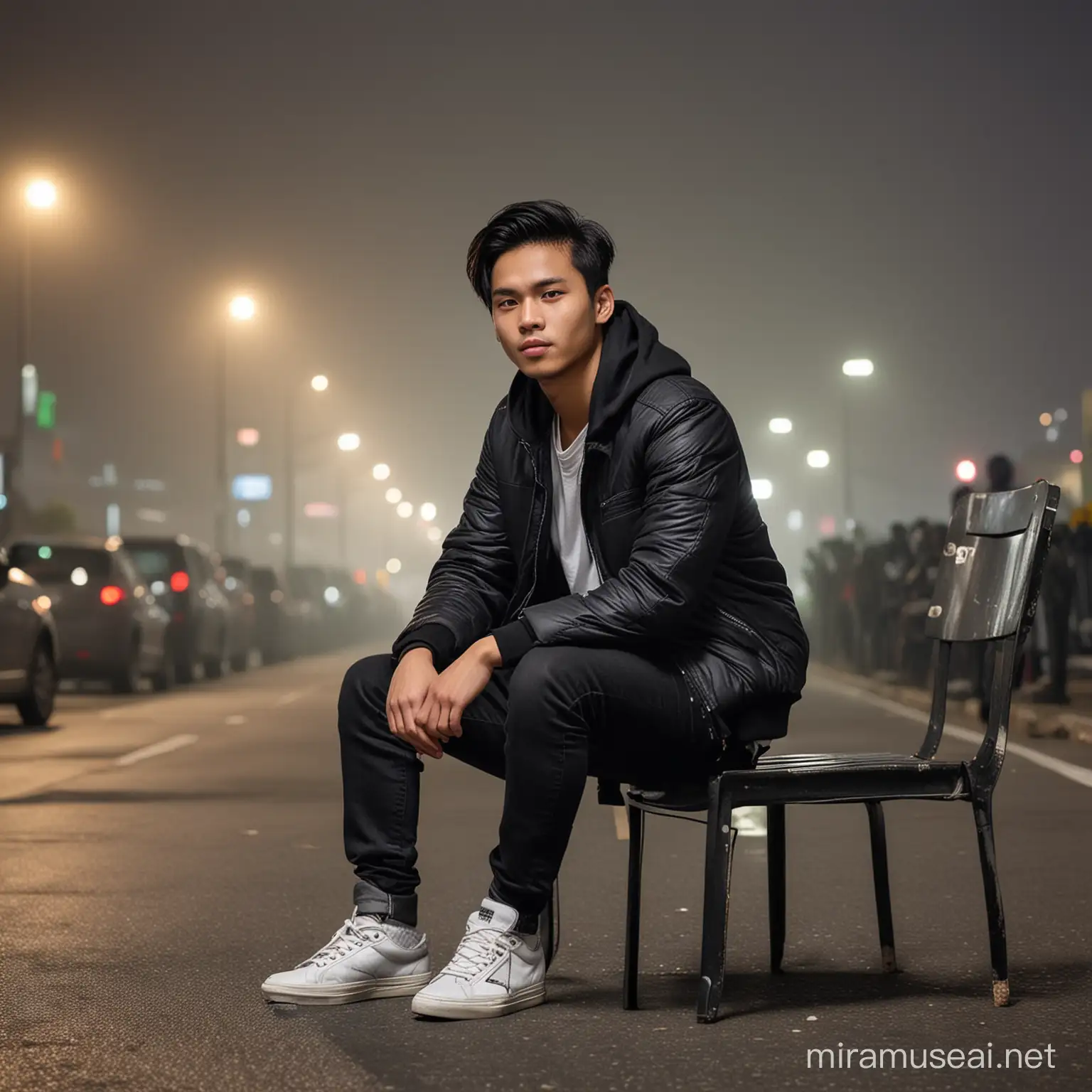 Young Indonesian Man Sitting on Roadside Chair in Dim Foggy Night