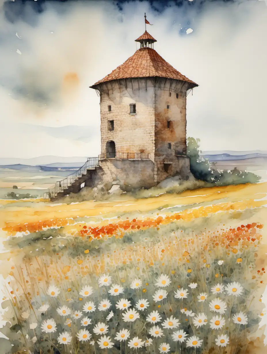 impresionistic daisy field watercolor Karol Surovy style colors muted horizon with a watchtower catalan style 16th century catalan medieval artifacts