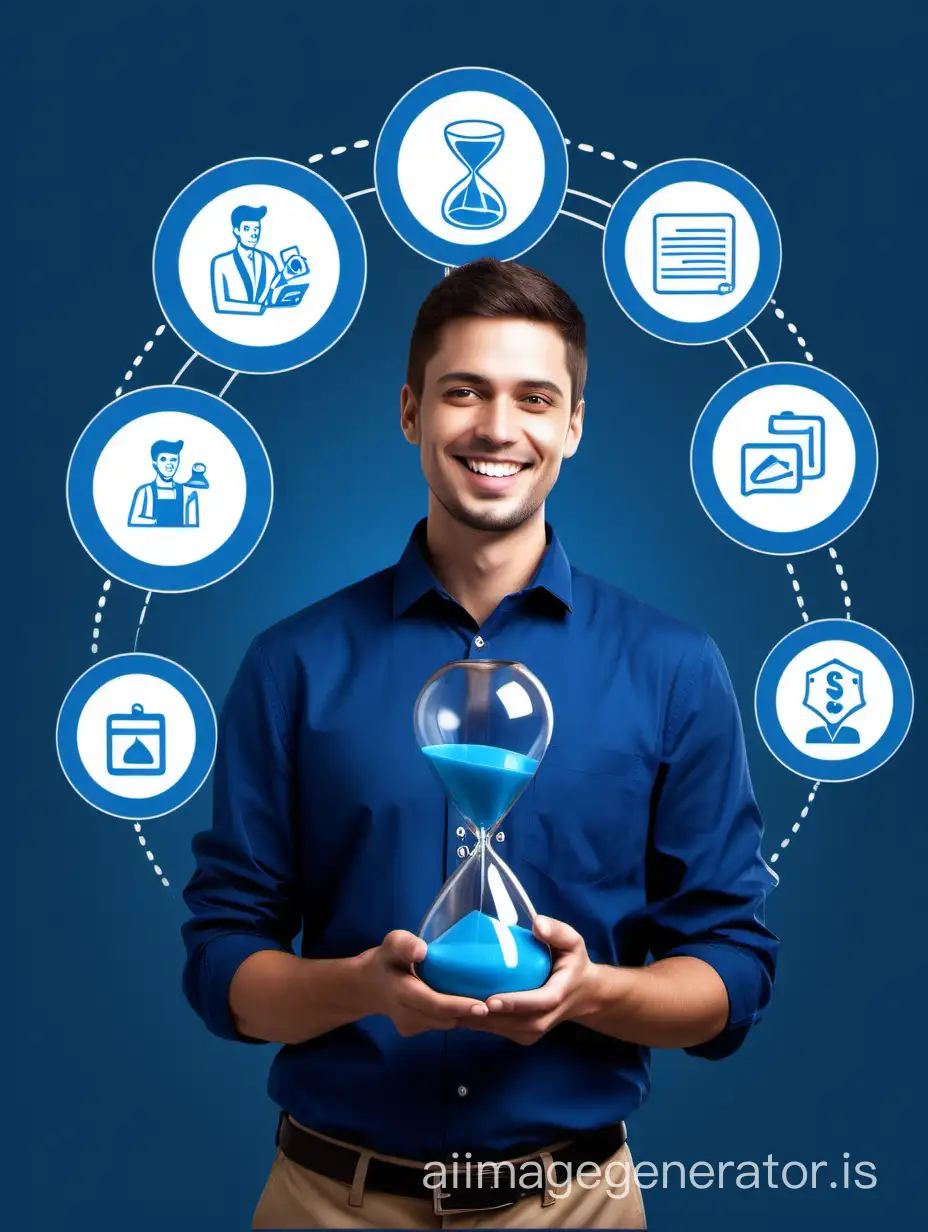 An image showing a smiling and confident gas dealer, wearing casual blue clothes, holding an hourglass, staring at it, in a photographic studio surrounded by icons representing tasks automated by the management system. The additional benefits of the management system, such as better customer service, increased productivity, better decisions, and higher profitability.
