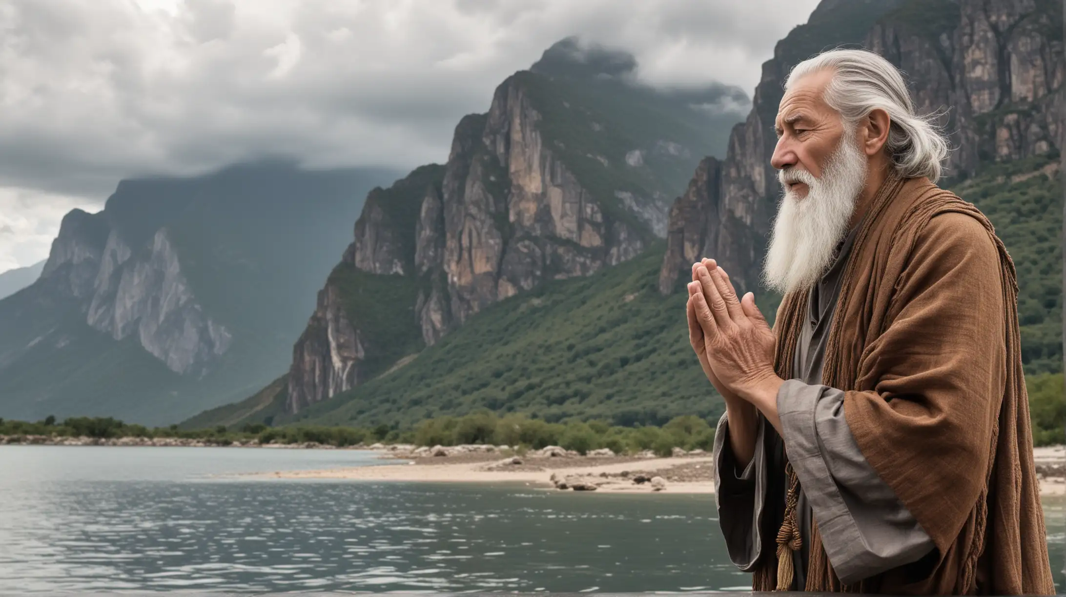 An old man with a long beard and grey hair is praying with his hands clasped. He is wearing a brown shawl around his shoulders. He is standing in front of a body of water with mountains in the background. The sky is filled with clouds.