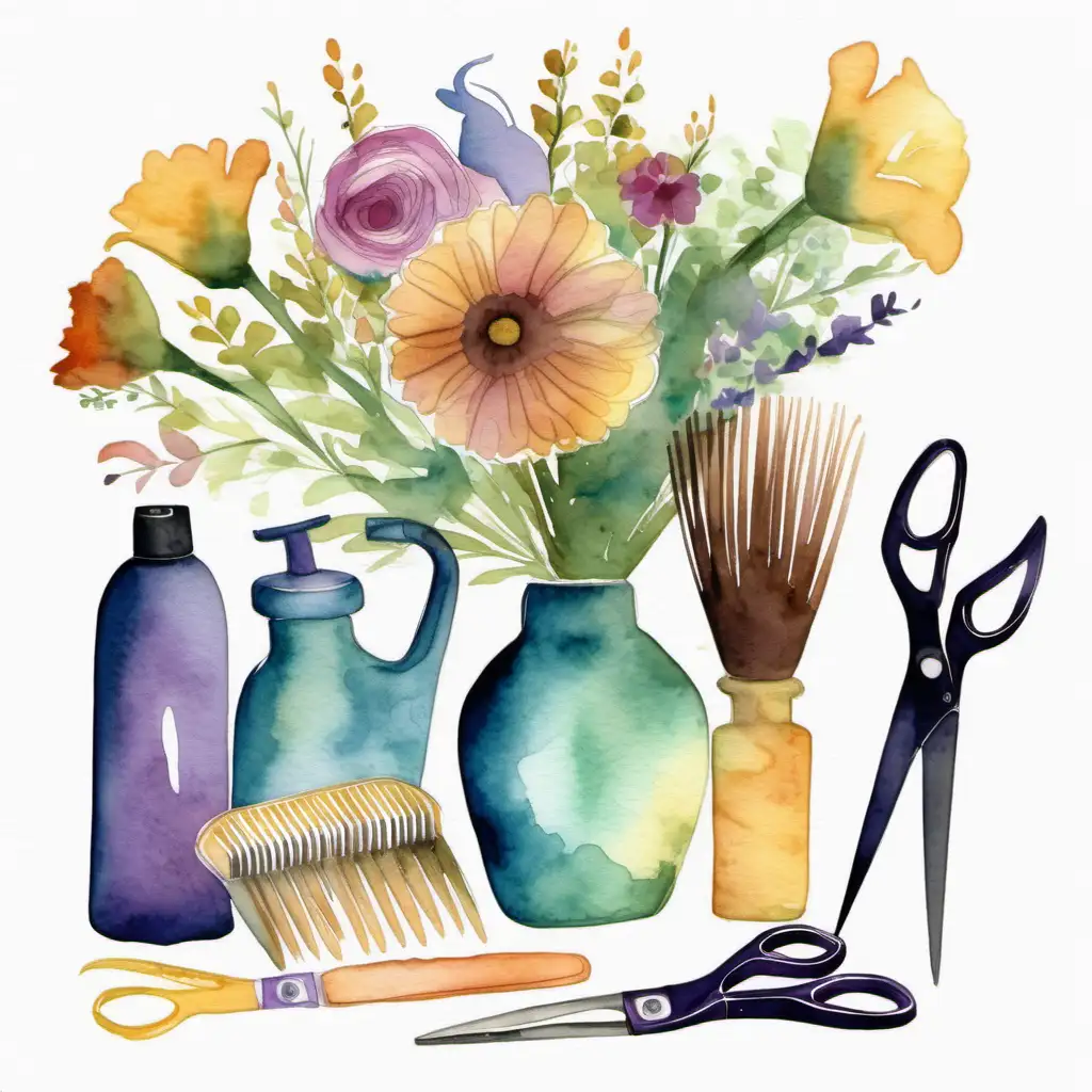 Schampo, Sax, kam , borste, hårfön och en vas med blommor , I vattenfärg 