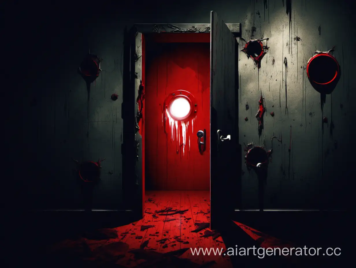 Обшарпанная дверь в темном коридоре, у которой глазок светится красным