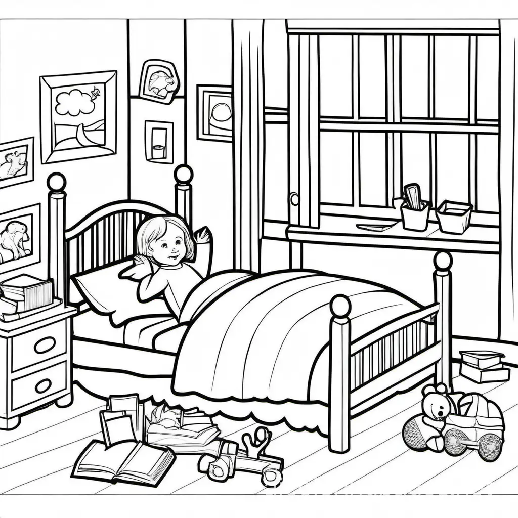 Relaxing bedtime colouring scene, Coloring Page, black and white, line art, white background, Simplicity, Ample White Space. The background of the coloring page is plain white to make it easy for young children to color within the lines. The outlines of all the subjects are easy to distinguish, making it simple for kids to color without too much difficulty