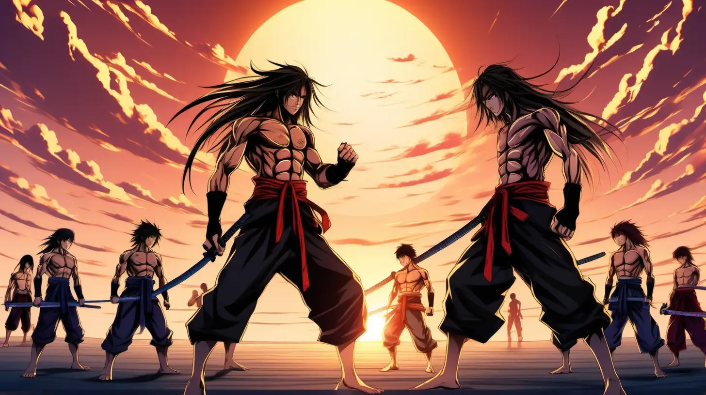 anime style fantasy art,wide angle, shirtless teen boys with long hair are being trained to be a ninja by an old grand master, japanese martial arts motiff, at sunset, psychedelic sky, 