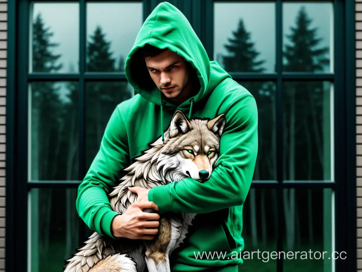 Спортивный парень в зеленом капюшоне обнимает волка. Дом с окнами. 