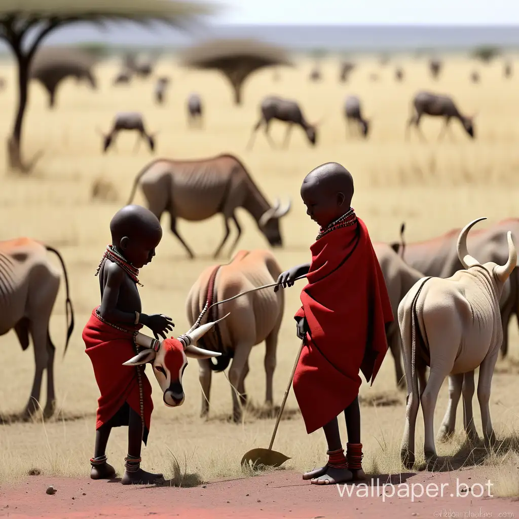 maasai boys playing as they graze their animals in the savanah