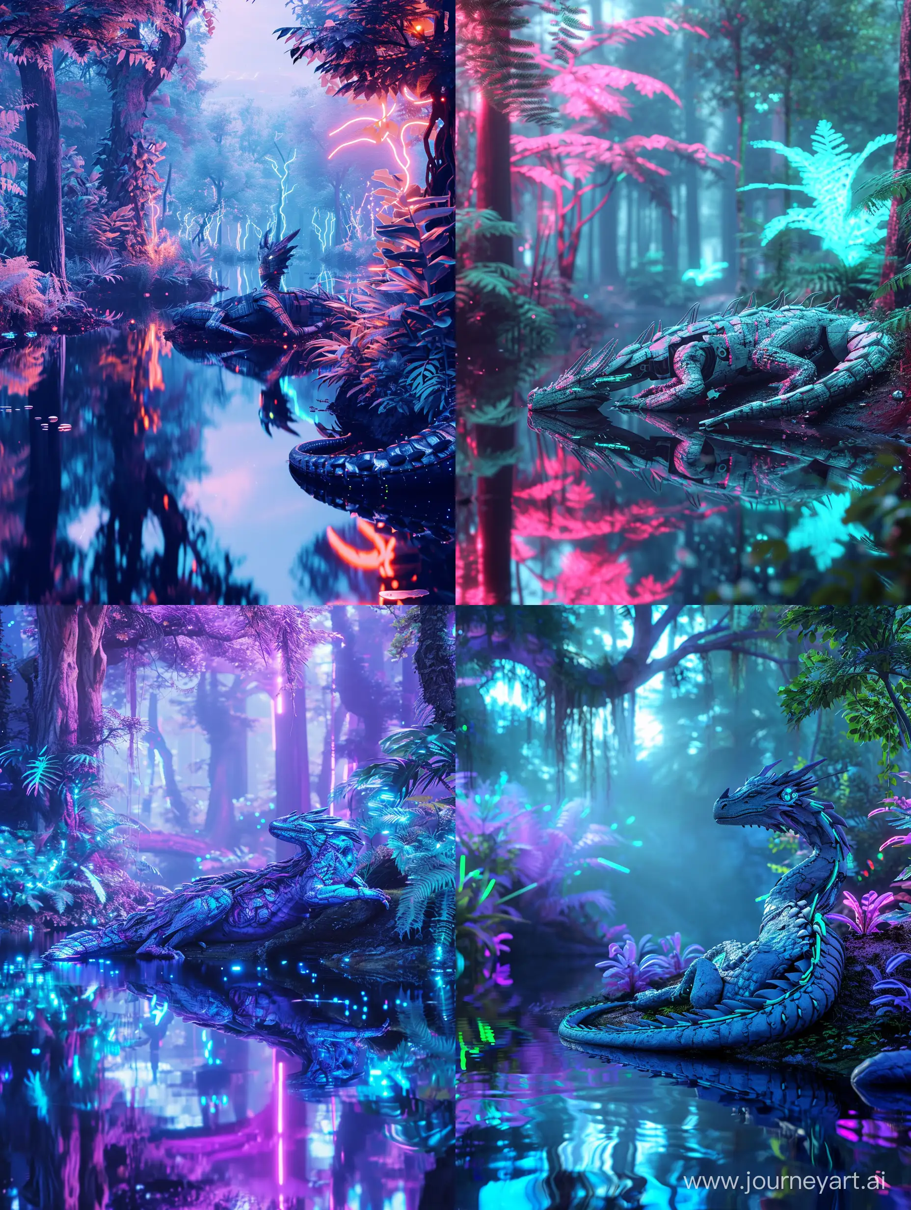 A serene moment capturing a cyborg dragon resting by a reflective lake in a neon forest. The environment is a surreal blend of nature and technology, with bioluminescent plants and digital fauna. Created Using: surreal art, neon colors, reflective water effects, tranquil pose, digital nature, bioluminescence, synthetic biology, peaceful ambiance, X prompt, hd quality, natural look --ar 3:4 --v 6.0