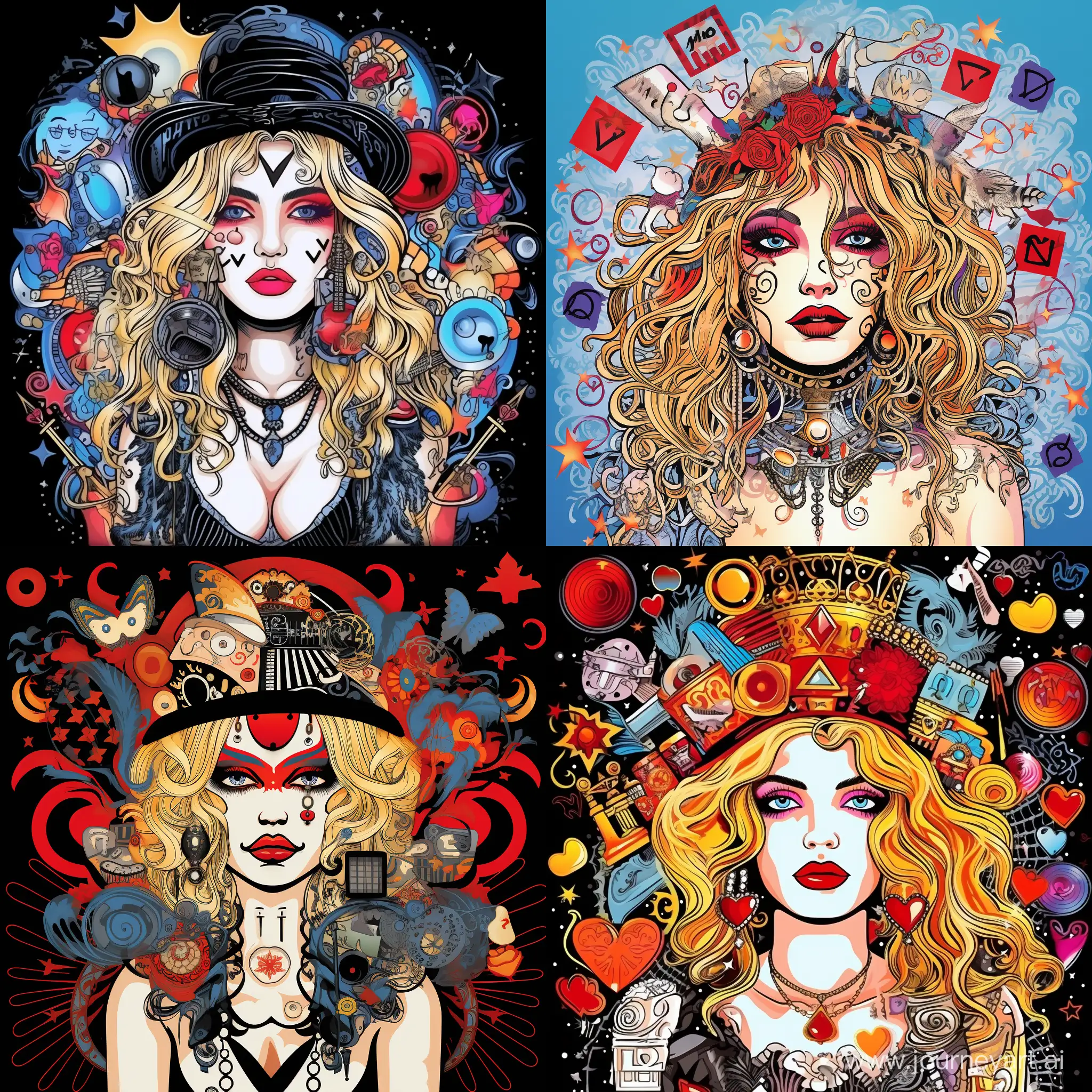 Waist portrait of the singer Madonna, beautiful blonde, with a crown on her head, surrounded by musical symbols, many details, complex colors, caricature, pop art style