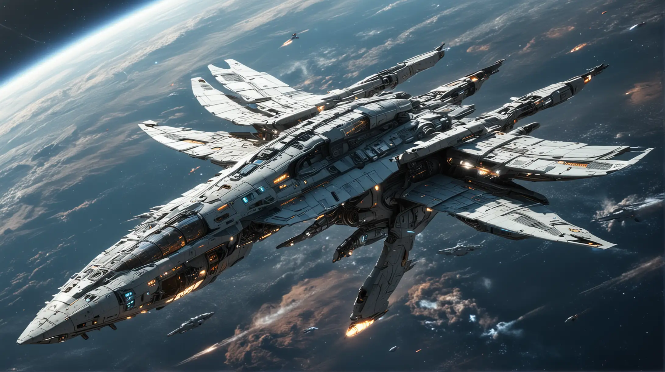 spaceship shaped like a dragonfly, four wings, space, sleek tech, futuristic, sci-fi