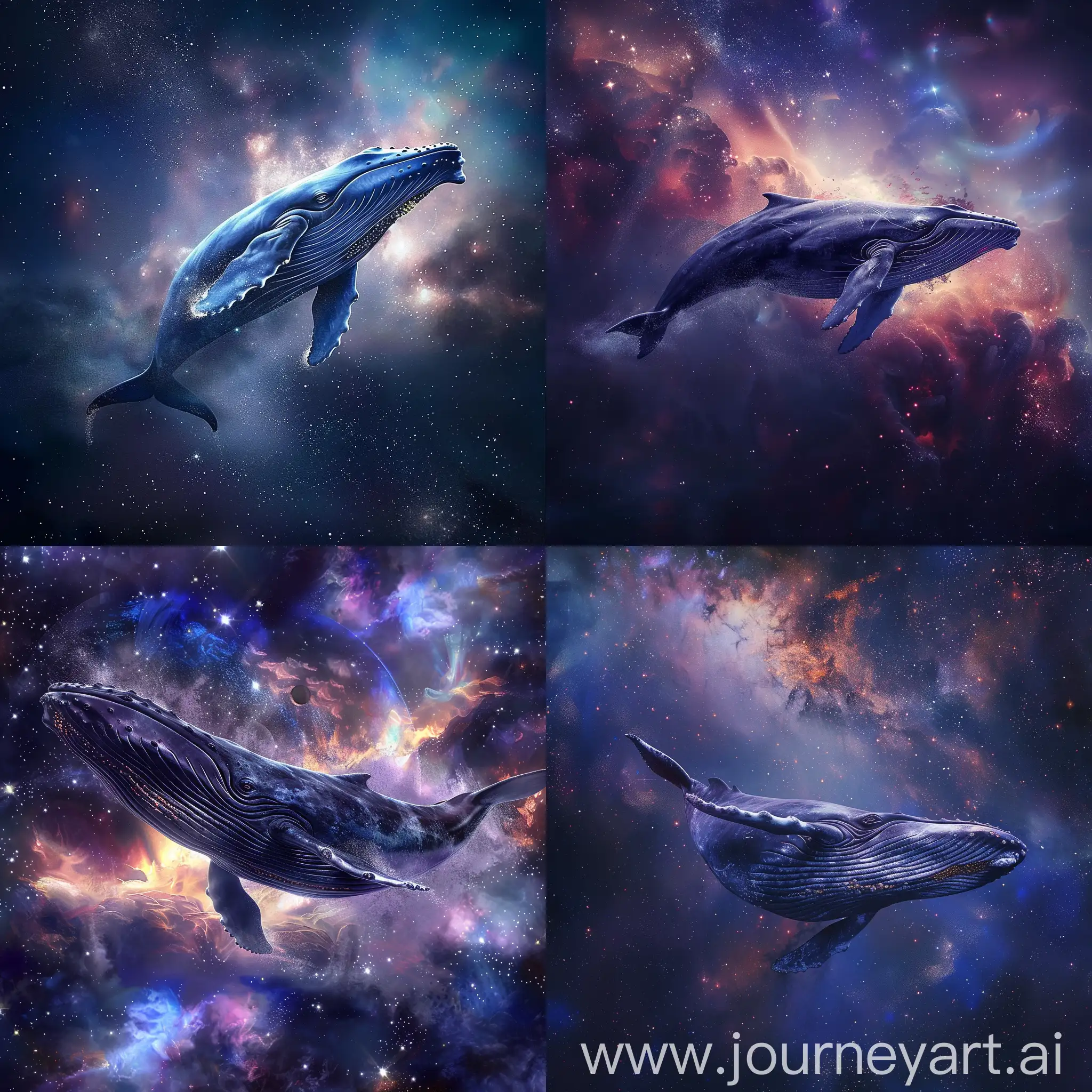 Make me background of blue whale in the space, must be spiritual, dramatic