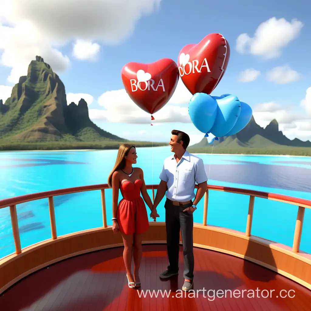  мужчина и женщина  стоят на палубе брендированном корабле BORA BORA вокруг шарики в виде сердечек 