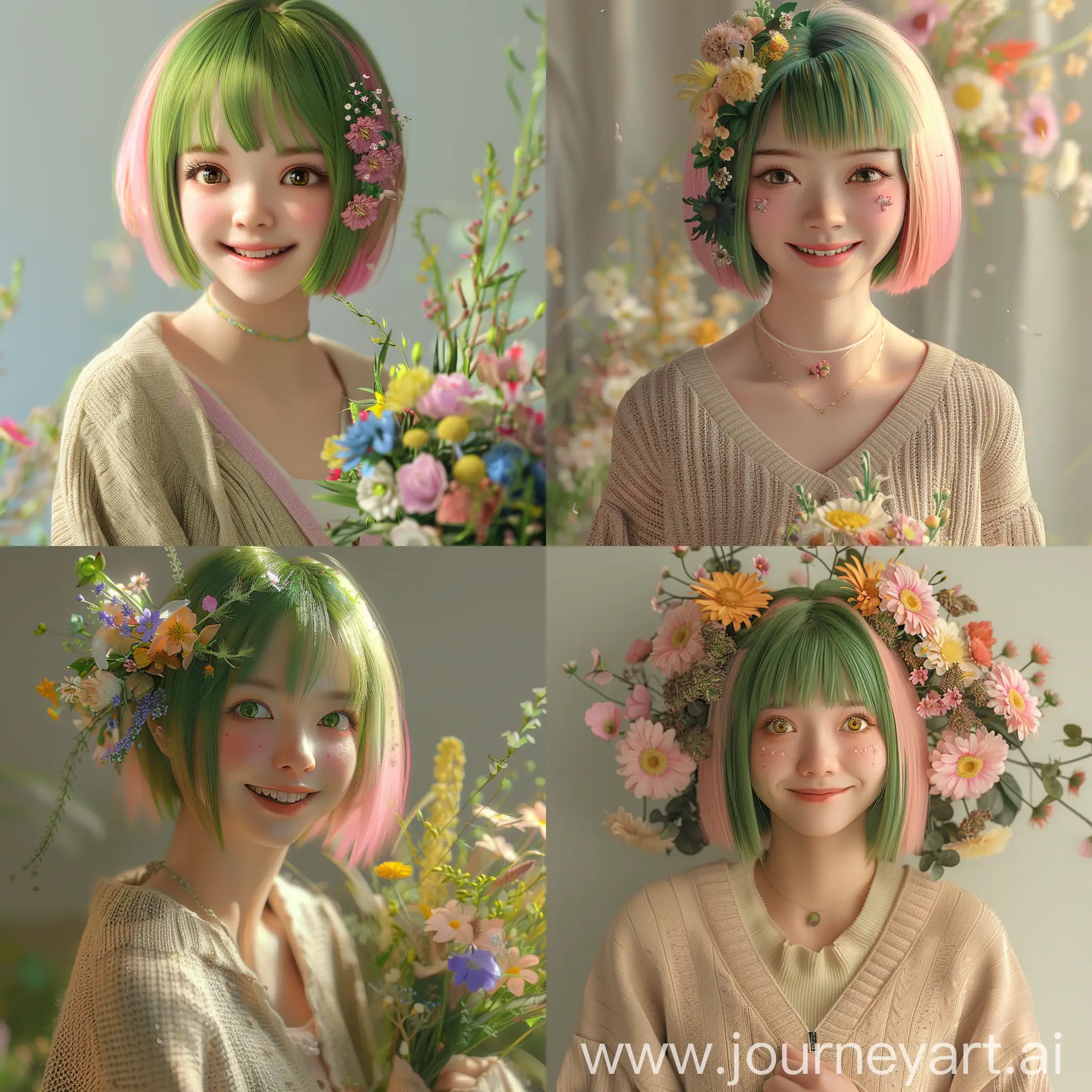 1girl , short green and pink straight hair, wearing beige cardigan , with flowers in her hair, bright eyes, smiling, holding bouquet, spring,rating:general,epic realistic,4d
