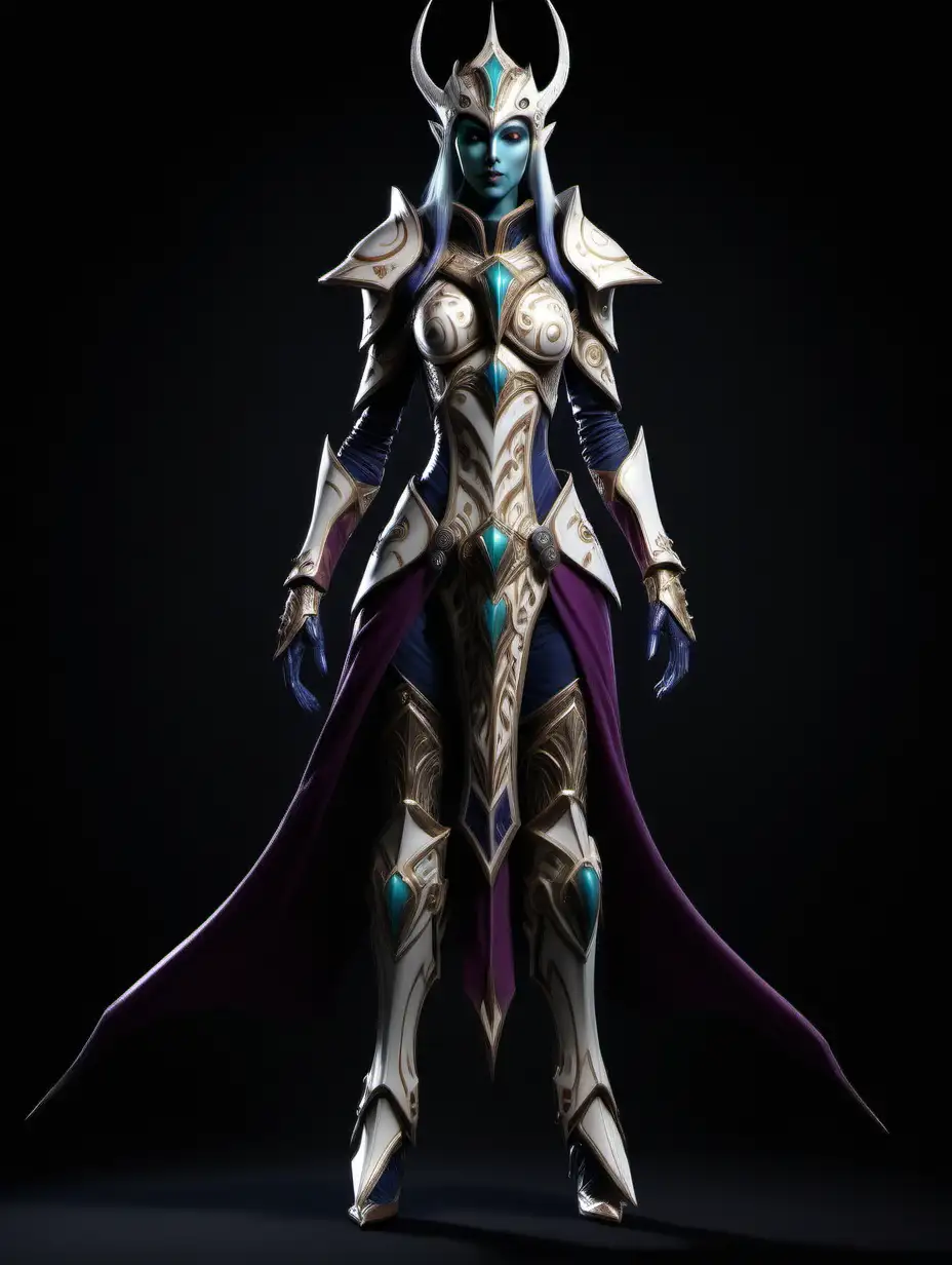 Full body image of a female aeldari farseer in elegant armor. No headdress of any kind. Dark background in image.