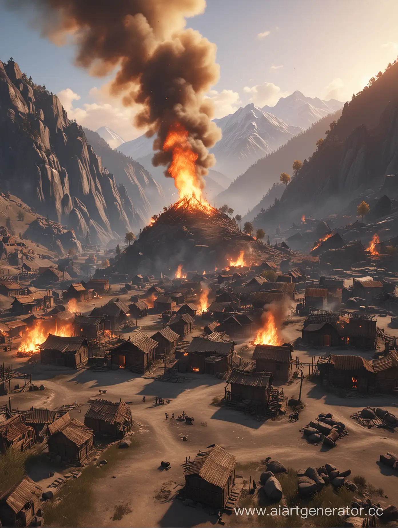 A burning, small village surrounded by mountains. First-person view of a villager