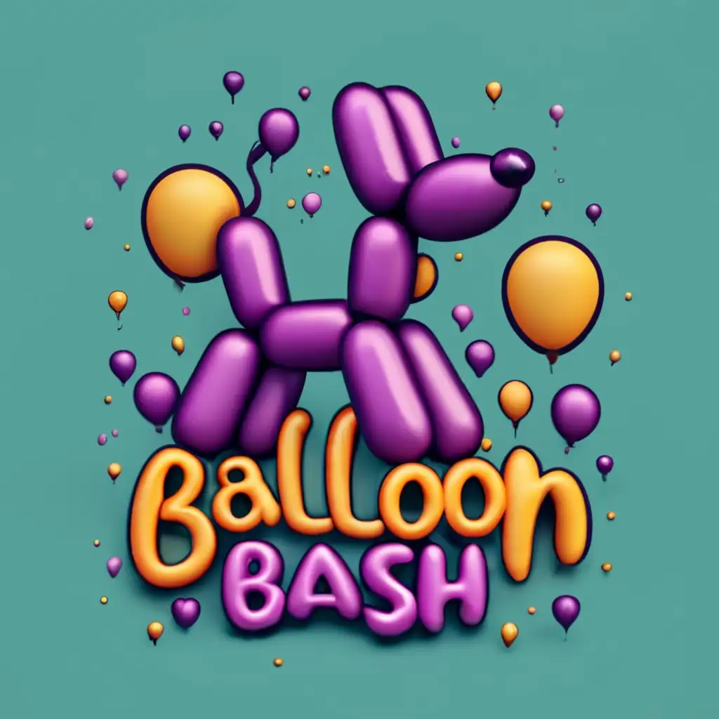 logo, 3d render of a simple stylish balloon dog, with the text "British" above and "Balloon Bash" below, typography, be used in Entertainment industry, use purples, yellows and other complimenting colours. More purple
